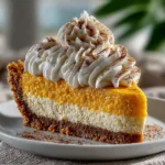 A decadent slice of creamy no-bake pumpkin cheesecake on a white plate, garnished with whipped cream and cinnamon.