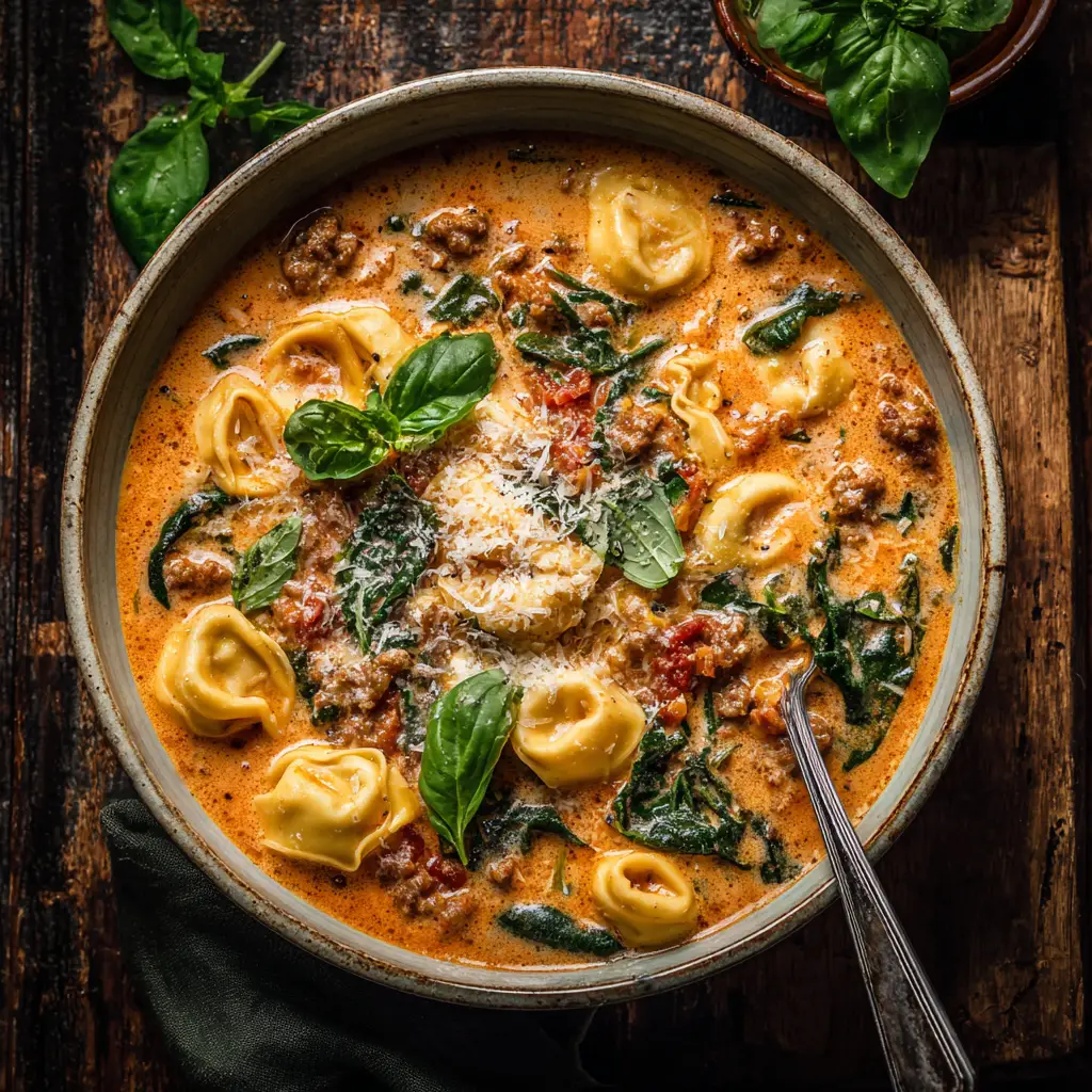 Creamy Tortellini Soup (The Ultimate Comfort Recipe) 2 A close-up shot of a spoonful of creamy tortellini soup, highlighting a cheese tortellini, a piece of sausage, and wilted spinach in the rich broth.