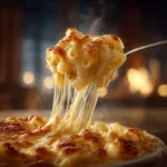 A close-up macro shot of a spoonful of creamy slow cooker mac and cheese, showing the velvety texture of the cheese sauce coating the elbow macaroni.