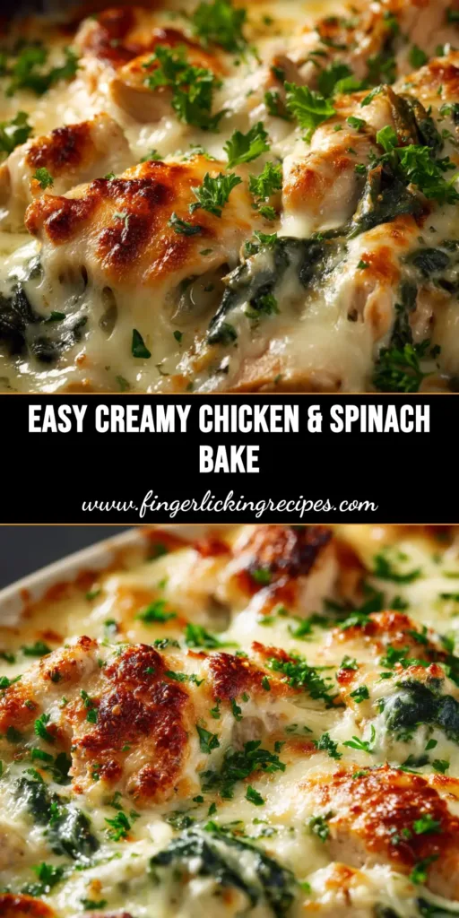 A delicious Creamy Spinach Chicken Bake in a skillet, topped with bubbly golden-brown cheese and ready to be served. The perfect easy weeknight dinner idea.
