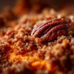 A close-up spoonful of creamy sweet potato casserole, highlighting the smooth texture of the filling and the crunchy pecan streusel topping.