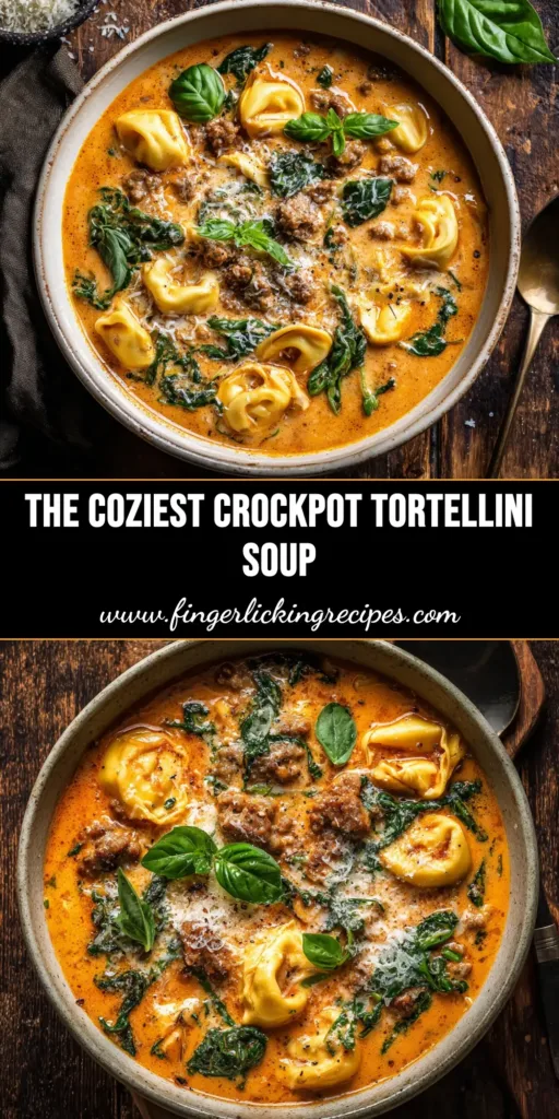 Creamy Tortellini Soup (The Ultimate Comfort Recipe) 4 A large white bowl filled with creamy tortellini soup, topped with fresh parsley and grated Parmesan cheese. The rich, orange-hued broth has pieces of sausage and wilted spinach visible.