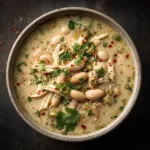 Creamy White Chicken Chili (The Only Recipe You'll Ever Need) An overhead close-up shot of a rustic white bowl filled with creamy white chicken chili, topped with cilantro and cheese.