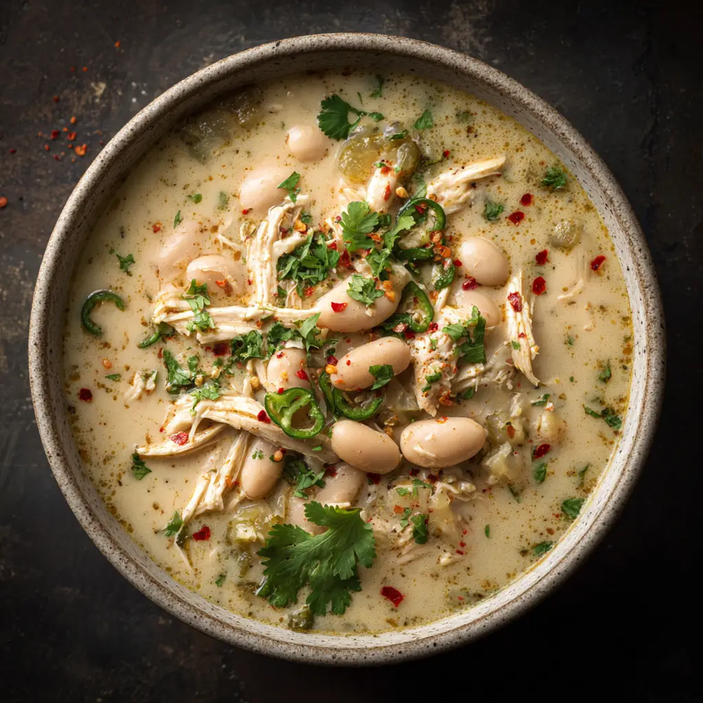 Creamy White Chicken Chili (The Only Recipe You'll Ever Need) 3 An overhead close-up shot of a rustic white bowl filled with creamy white chicken chili, topped with cilantro and cheese.