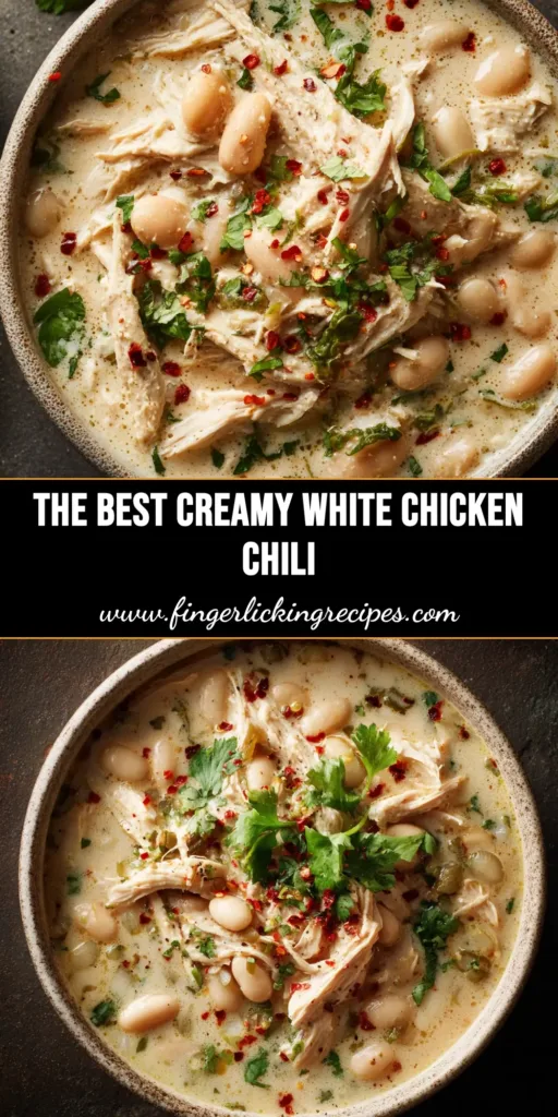 Creamy White Chicken Chili (The Only Recipe You'll Ever Need) 4 A bowl of rich and Creamy White Chicken Chili, garnished with fresh cilantro, shredded cheese, and a slice of lime. A spoon is resting in the bowl.