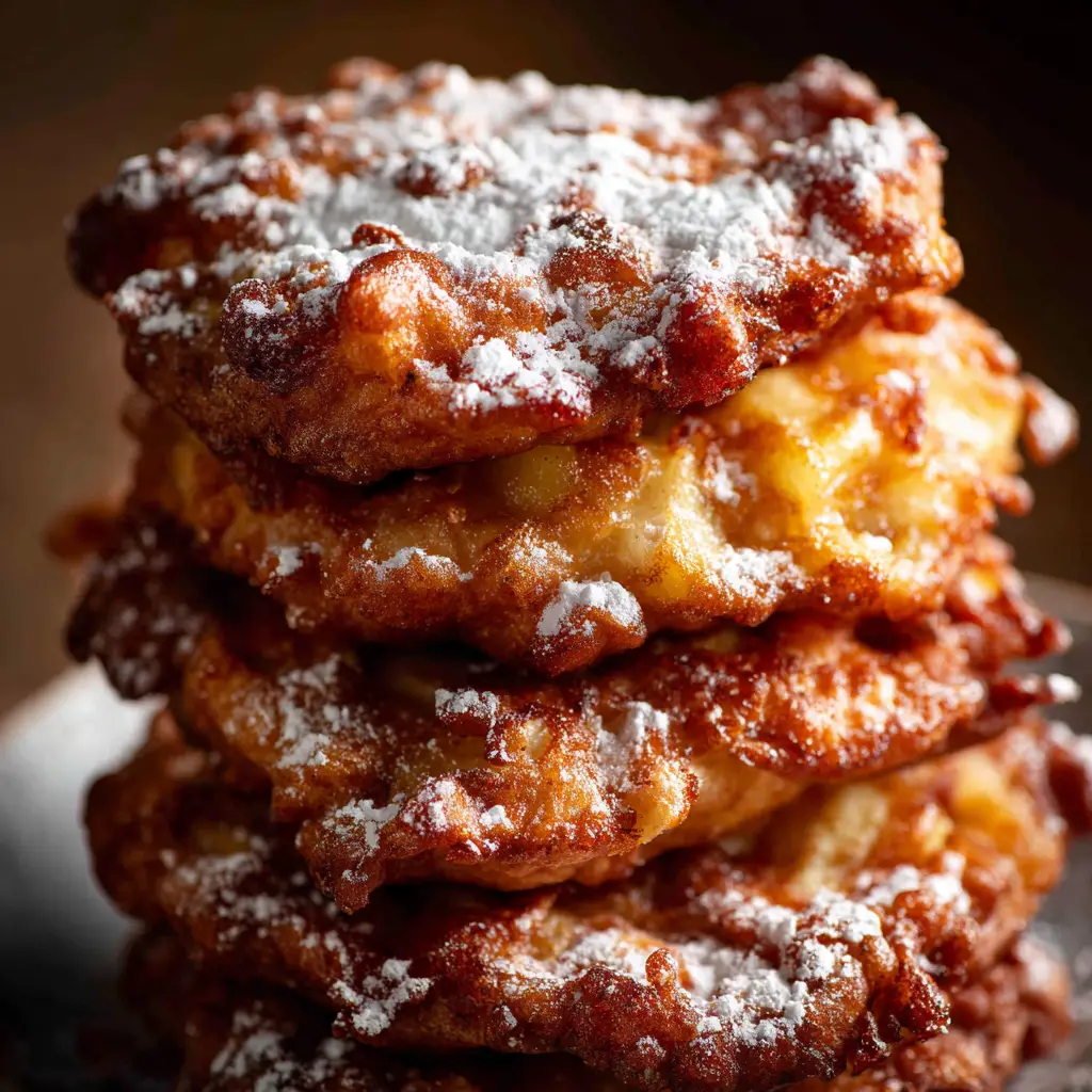 A plate of crispy apple fritters right after being fried, ready to be glazed. The fritters are golden and perfectly textured.