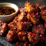 An extreme close-up of crispy oven-baked chicken bites, showing the golden-brown texture before being tossed in the sweet and spicy sauce.