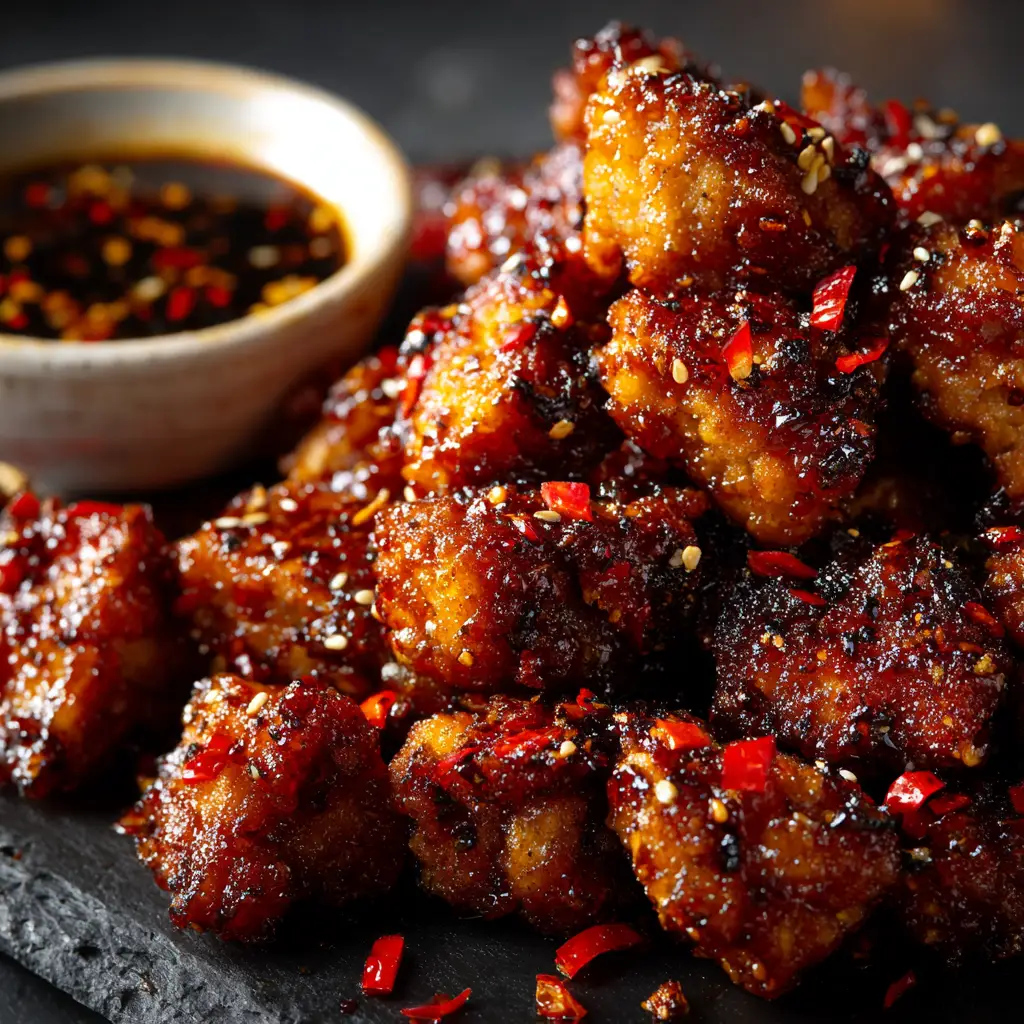 Sweet & Spicy Chicken Bites (The Only Recipe You'll Need) 3 An extreme close-up of crispy oven-baked chicken bites, showing the golden-brown texture before being tossed in the sweet and spicy sauce.