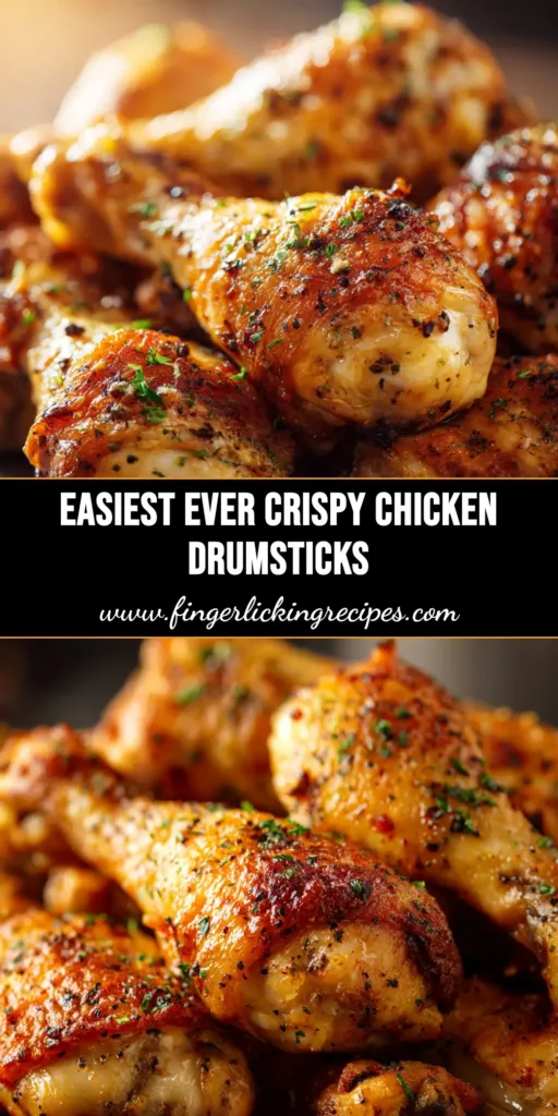 A platter of perfectly Crispy Baked Chicken Drumsticks, golden-brown and glistening, ready to be served. The ultimate oven-baked chicken leg recipe.