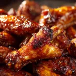 An extreme close-up shot of a single hot honey chicken wing, showing the detailed texture of the crispy skin and the thick, glistening glaze.