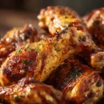 A close-up shot of crispy oven-baked chicken legs on a wire rack, showcasing the texture of the golden-brown skin.