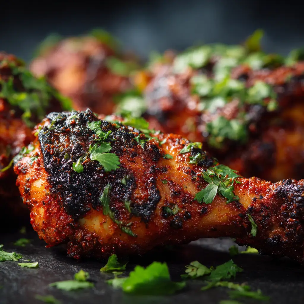 Masala Chicken Legs Bake: Crispy, Juicy & Easy Recipe 3 An extreme close-up of a single oven-baked masala chicken drumstick, highlighting the crispy, textured skin and the rich, golden-brown color from the spices.