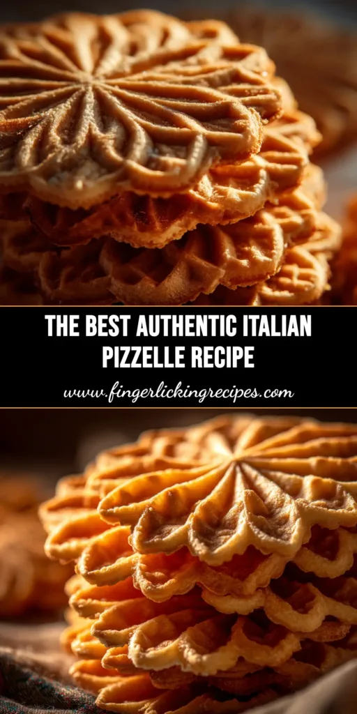 An overhead shot of a stack of golden brown pizzelle next to a pizzelle iron, illustrating a classic pizzelle recipe.