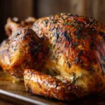 A close-up of the crispy, golden skin on a roasted spatchcock turkey. The texture is perfectly rendered, highlighting the recipe's success.