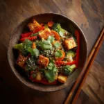 High-Protein Tofu Stir-Fry: The Ultimate 30-Minute Meal A skillet filled with crispy tofu and fresh vegetables for a healthy stir-fry. This shows the cooking process for the high-protein meal.