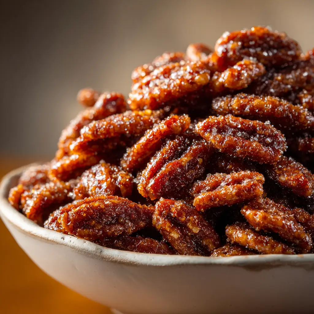 Slow Cooker Candied Pecans (The Easiest Holiday Treat) 3 A close-up macro shot of a pile of crockpot candied pecans, showing the crystallized cinnamon sugar coating on each nut.