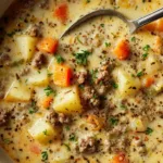 Crockpot Cheeseburger Soup (The Ultimate Creamy Recipe) The ingredients for crockpot cheeseburger soup laid out, including ground beef, potatoes, cheese, and broth.