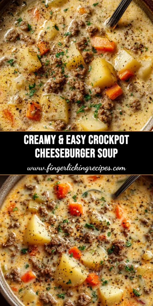 Crockpot Cheeseburger Soup (The Ultimate Creamy Recipe) 4 A delicious bowl of creamy crockpot cheeseburger soup, topped with extra shredded cheese and fresh parsley. A spoon is resting in the bowl, ready to eat.
