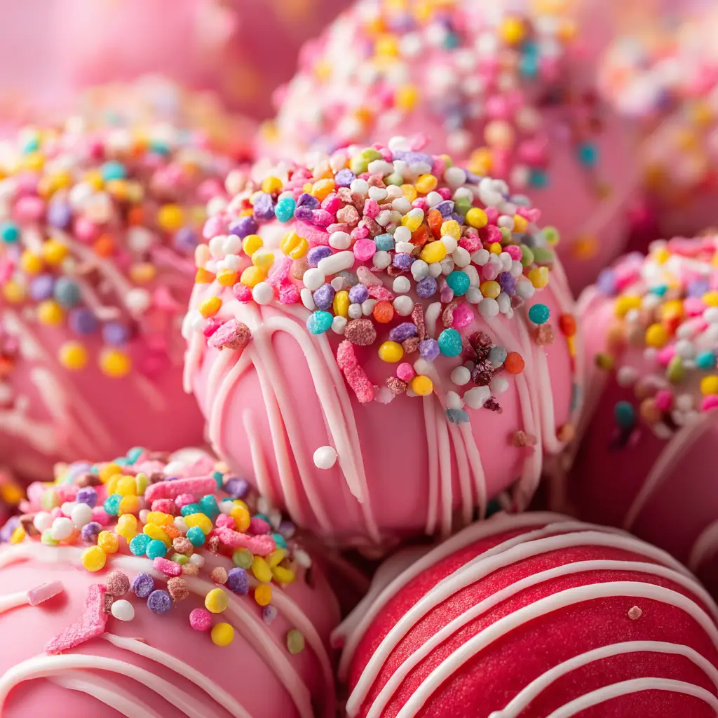 A tray of chocolate-dipped Oreo cream cheese balls decorated with white chocolate drizzles and sprinkles, ready to be served.