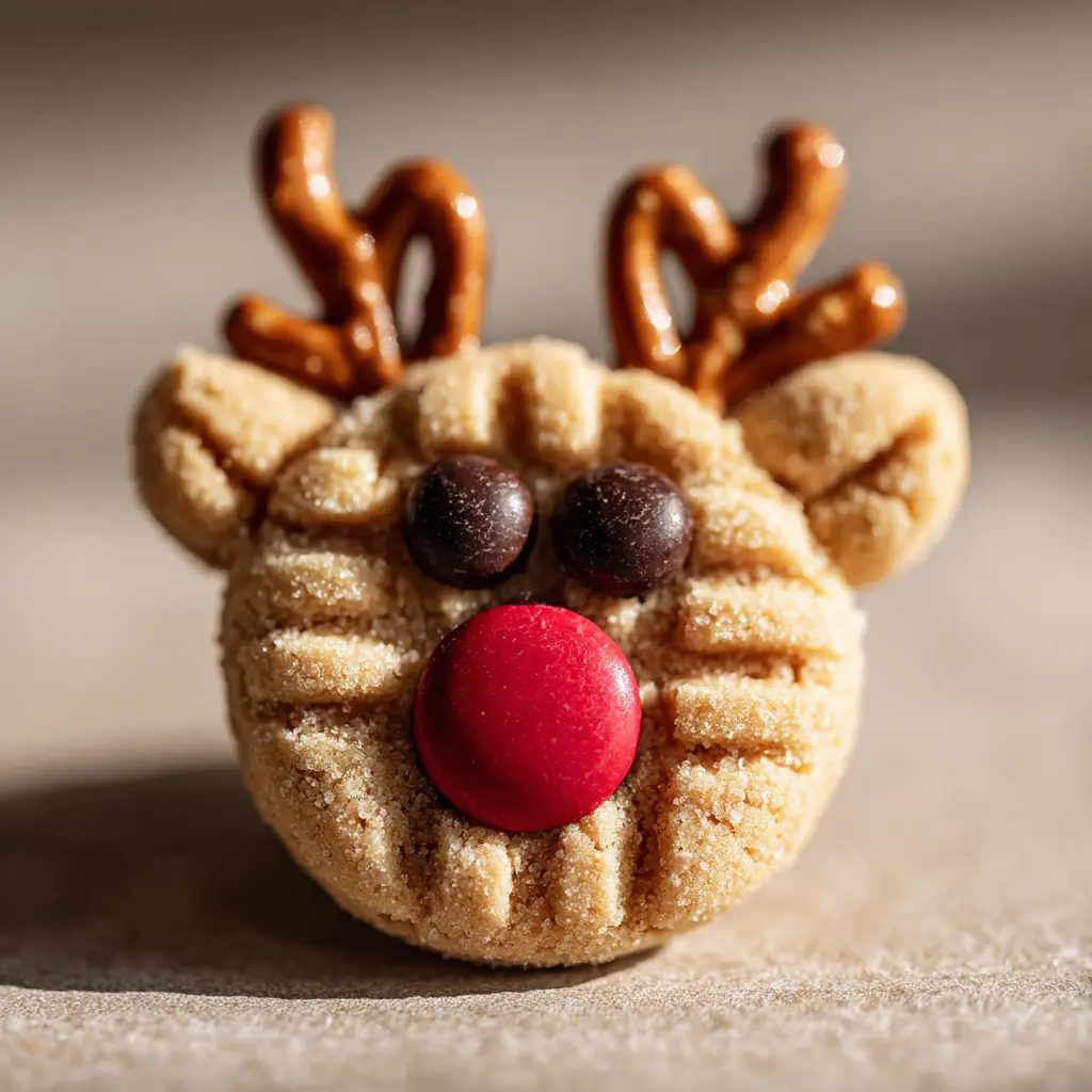 A fully decorated Peanut Butter Reindeer Cookie with chocolate, pretzel antlers, and candy features on a festive background.