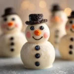 A close-up macro shot of a single snowman Oreo ball, showing the detailed decoration of its face and buttons against a festive background.