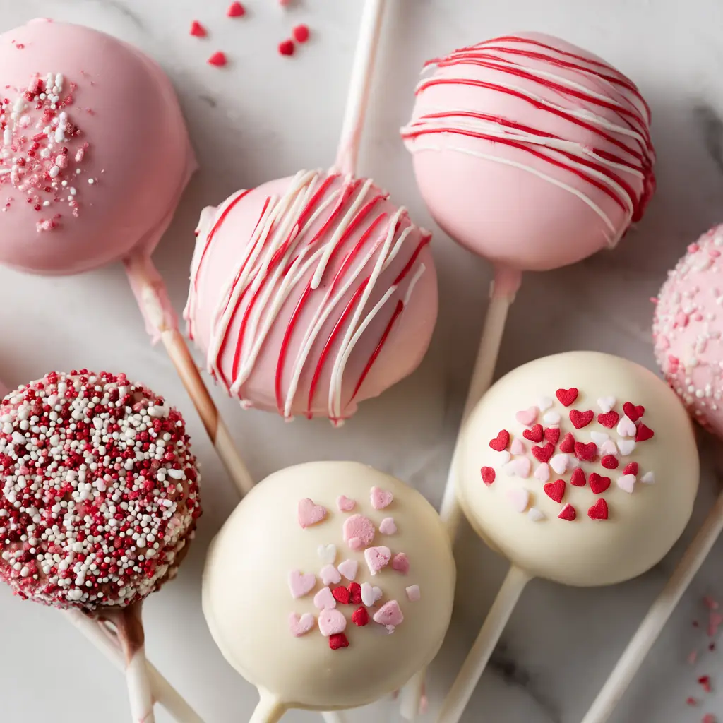 Valentine's Day Oreo Pops (Easy No-Bake Treat!) 3 A high-angle shot of several decorated no-bake Valentine's Day Oreo Pops arranged on a festive platter.