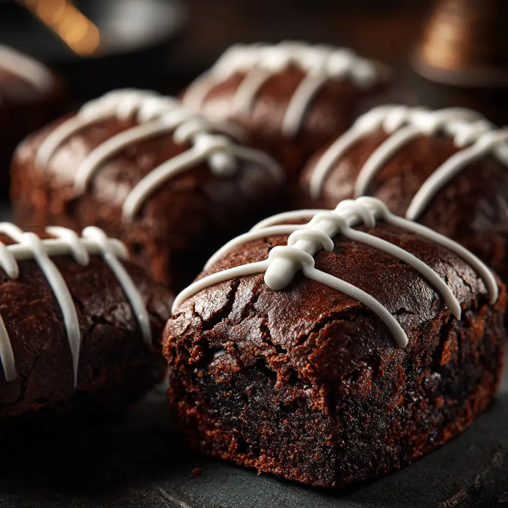 A tray of freshly baked football brownies being decorated with white icing to create the signature football laces.