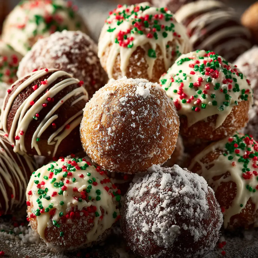 A step-by-step process shot showing gingerbread truffles being dipped into a bowl of melted white chocolate.