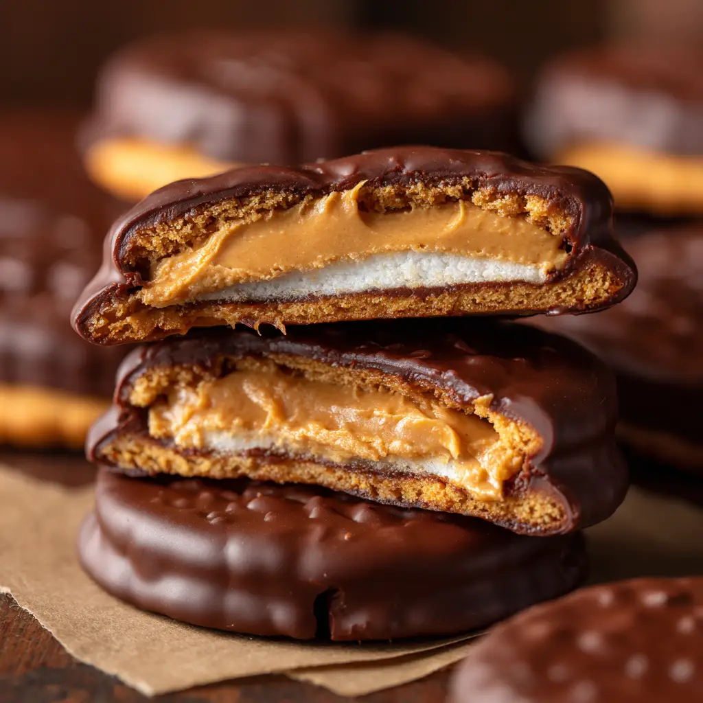 A close-up view of a Ritz cracker being dipped into a bowl of melted dark chocolate.