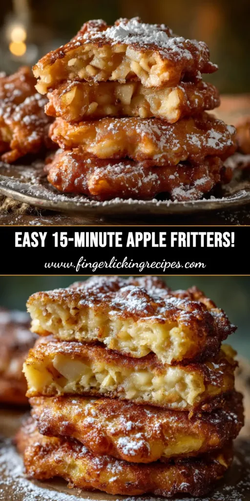 A tall pin image showing a stack of golden-brown easy apple fritters with a sweet vanilla glaze dripping down the sides.