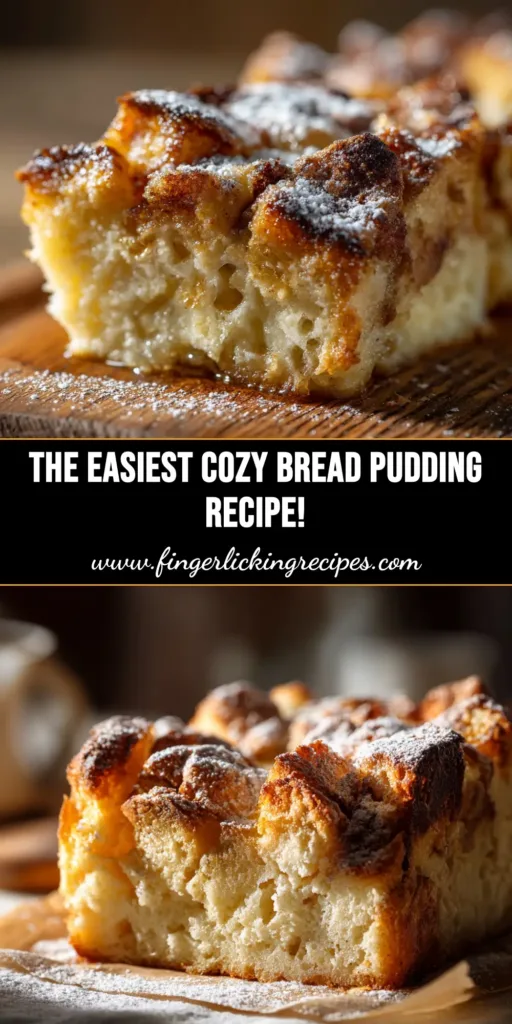 A close-up shot of a serving of easy bread pudding recipe in a white bowl, drizzled with vanilla sauce, showing its creamy texture.