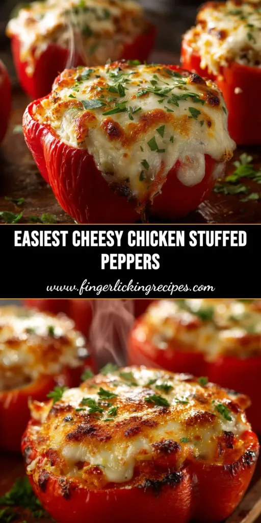 Chicken Stuffed Peppers (Easy, Cheesy Recipe!) 5 A pan of delicious, cheesy chicken stuffed peppers fresh out of the oven. The ultimate recipe for an easy weeknight dinner.