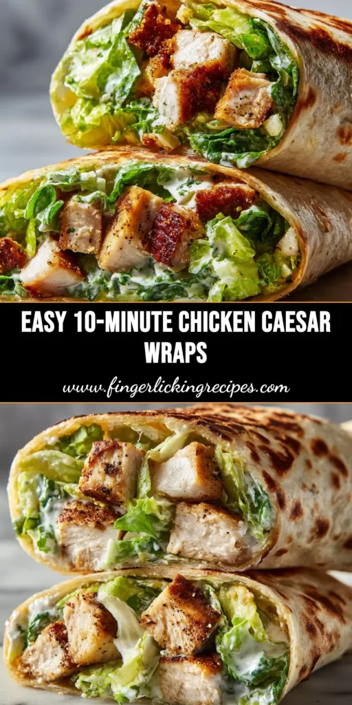 Chicken Caesar Wraps: The Ultimate 20-Minute Meal 5 A visually appealing pin image showing two perfectly assembled Chicken Caesar Wraps sliced in half, with text overlay for 'Easy Chicken Caesar Wraps Recipe'.