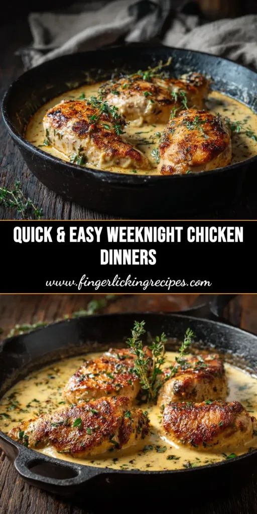 Easy Chicken Dinners: Your Go-To 30-Minute Garlic Butter Recipe 4 Easy chicken dinners recipe pin featuring golden-brown garlic butter chicken in a skillet, garnished with fresh parsley.