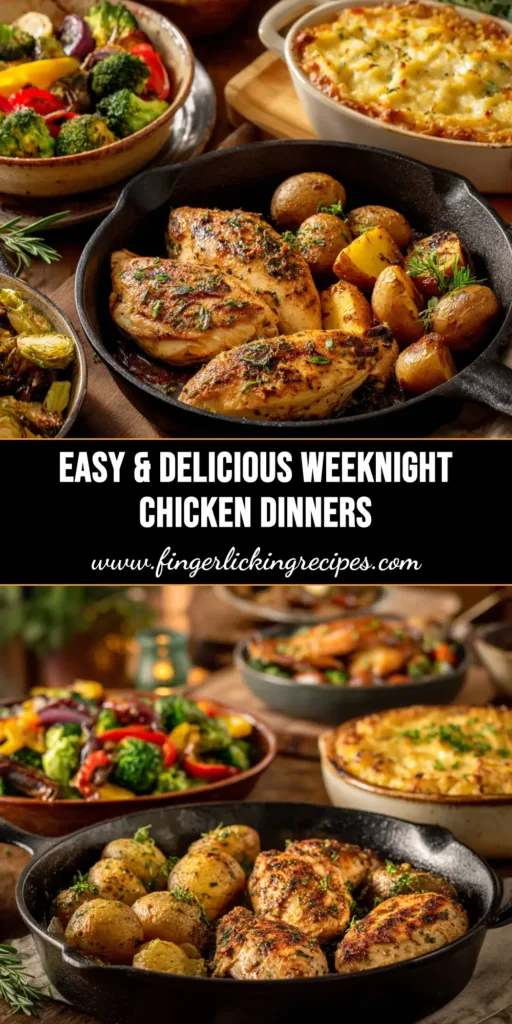 A colorful overhead shot of various easy chicken recipes, including roasted chicken, skewers, and salads, showcasing simple and delicious dinner ideas.
