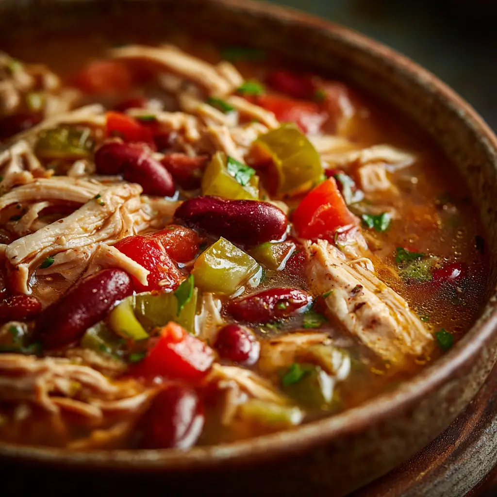 A close-up shot of a spoonful of easy chicken taco soup, showing the shredded chicken, corn, and beans in a rich, creamy broth.