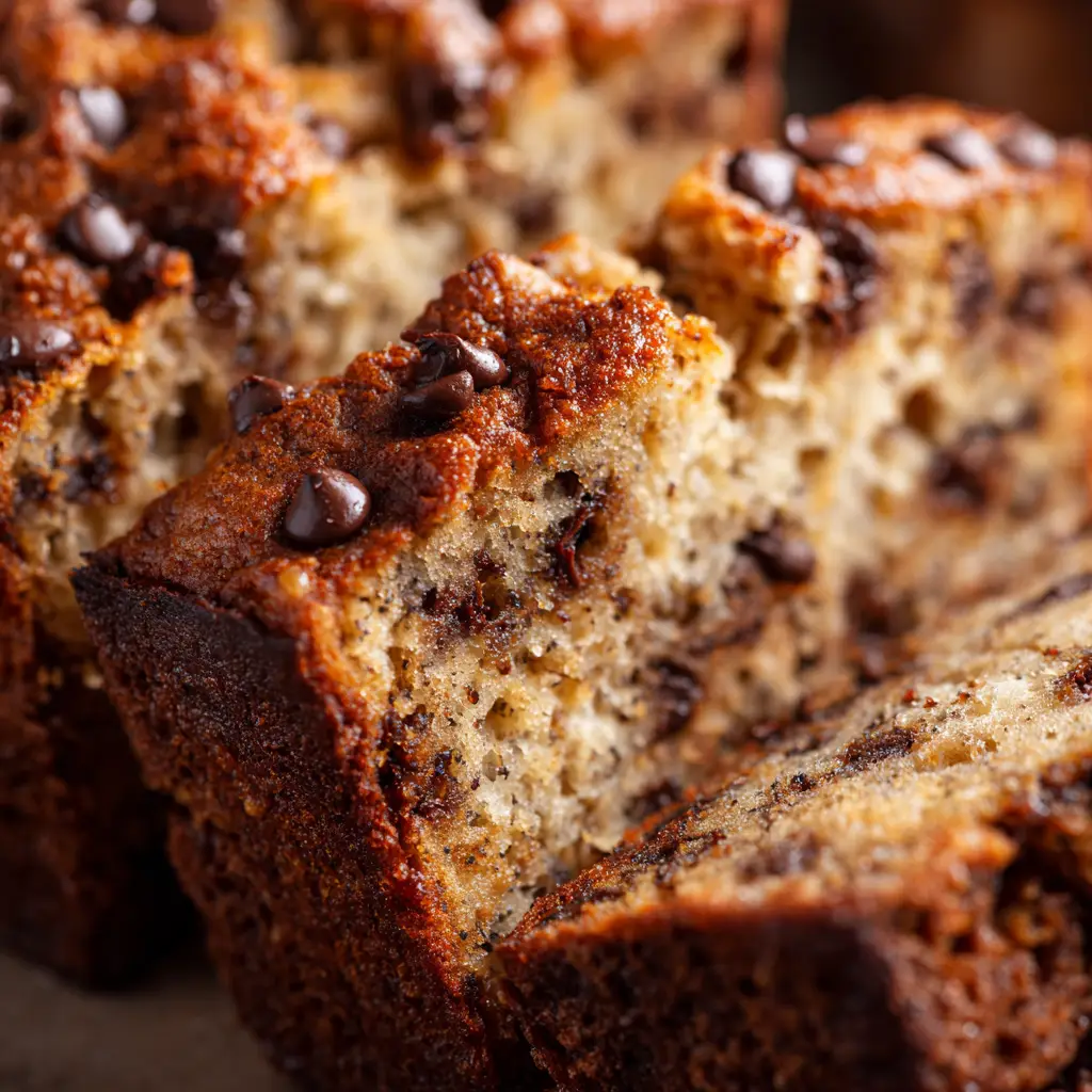Chocolate Chip Banana Bread: The Only Recipe You'll Ever Need 2 A stack of several slices of easy chocolate chip banana bread, showcasing the golden-brown crust and the soft interior, ready to be served.