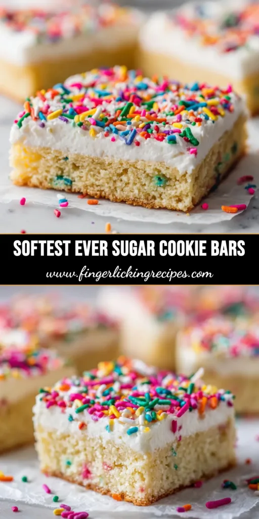 A pan of perfectly frosted sugar cookie bars topped with colorful sprinkles, with one bar cut out to show the soft and chewy texture.