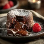 A decadent molten chocolate lava cake on a white plate, with a gooey chocolate center oozing out. This is one of the best easy dessert recipes for beginners.