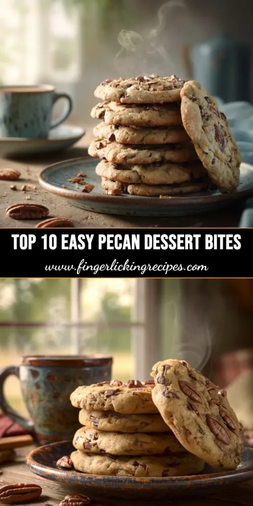 A close-up overhead shot of delicious pecan dessert bites arranged on a platter. The bites have a golden-brown crust and a rich, nutty filling, perfect for a quick and easy dessert recipe.