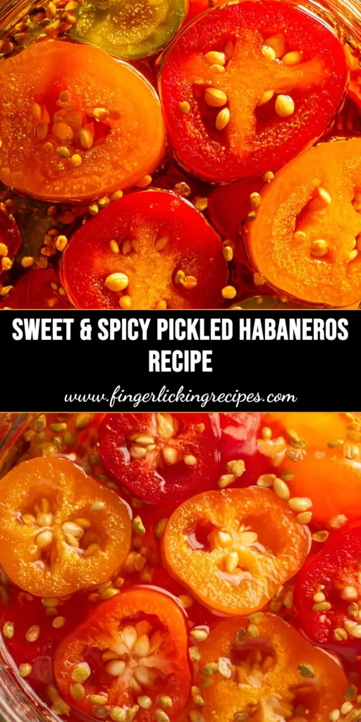 Pickled Habaneros: The Ultimate Guide to Fiery Flavor 4 An overhead view of a jar of homemade pickled habaneros, showing vibrant orange pepper slices in a clear brine. The perfect spicy condiment.