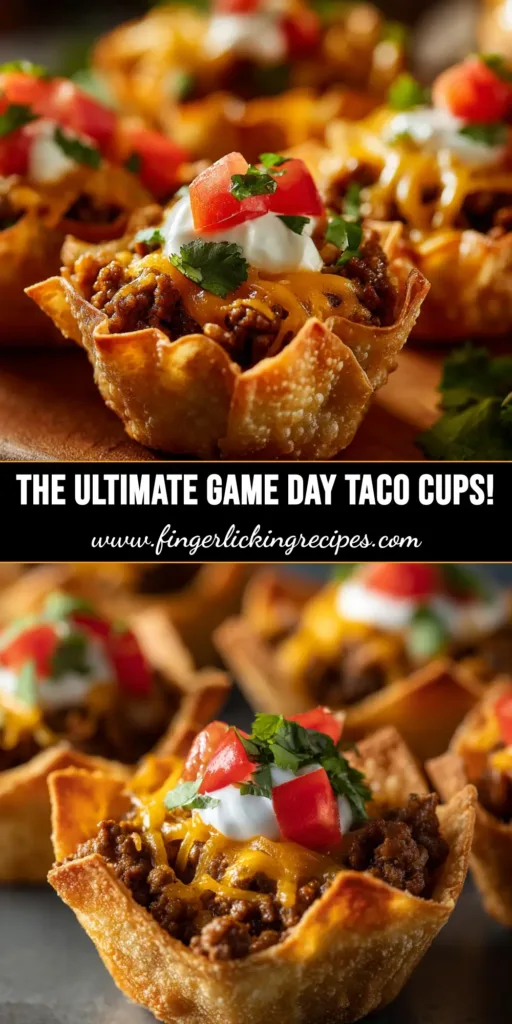 A platter of crispy wonton taco cups filled with seasoned ground beef, melted cheese, and fresh toppings. The perfect party appetizer.