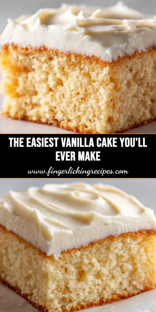 A grid of perfectly cut easy vanilla cake squares with creamy white frosting and colorful sprinkles on a wooden board. The ultimate simple dessert recipe.