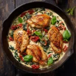 A rustic cast-iron skillet filled with perfectly seared chicken breasts, part of a simple weeknight chicken recipe.
