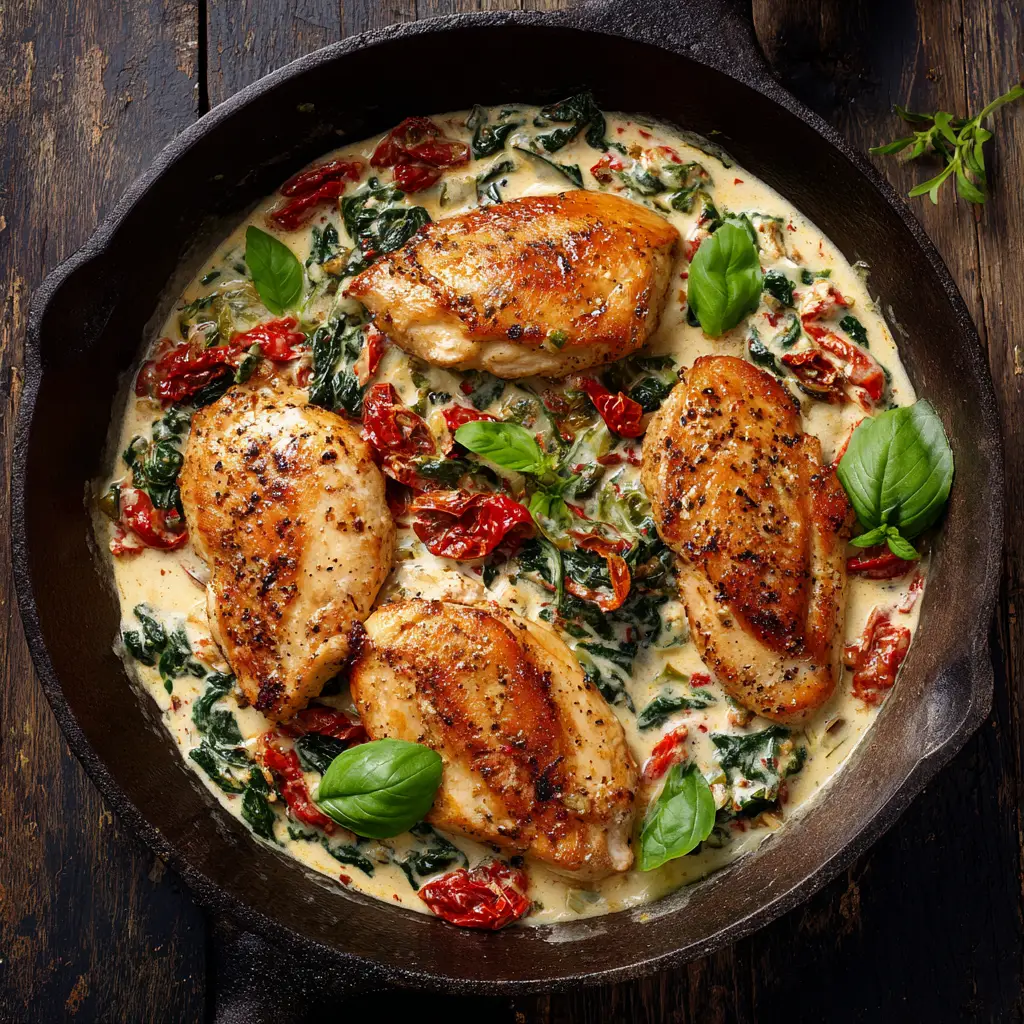 Quick Chicken Dinner Ideas: 20-Minute Garlic Herb Butter Chicken 3 A rustic cast-iron skillet filled with perfectly seared chicken breasts, part of a simple weeknight chicken recipe.