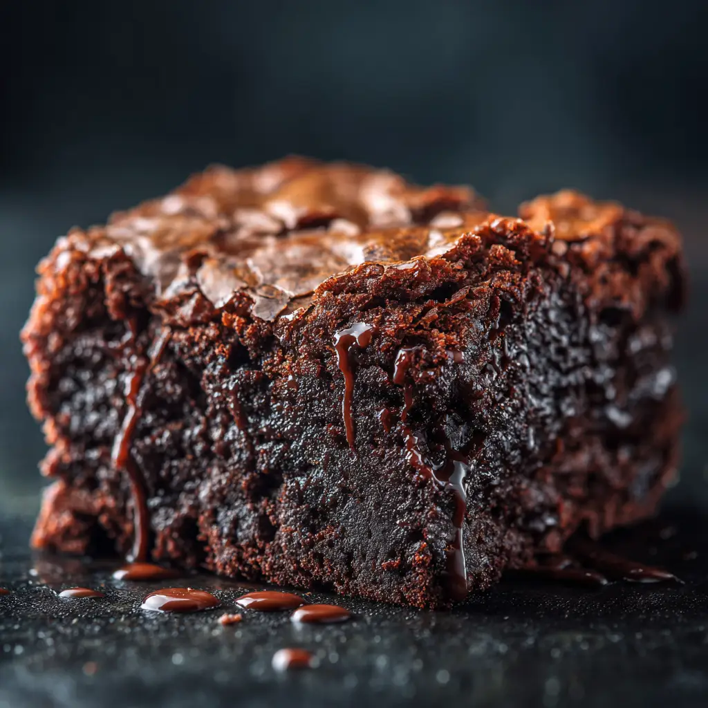 Eggless Fudgy Brownies (The Only Recipe You Need!) 3 A close-up macro shot of an eggless fudgy brownie, highlighting the dense and moist crumb texture inside.