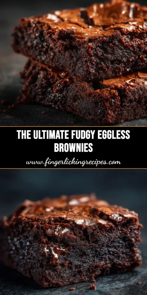 Eggless Fudgy Brownies (The Only Recipe You Need!) 5 A stack of rich, eggless fudgy brownies with a perfect crinkle top, dusted with powdered sugar, with one brownie broken open to show the gooey center.