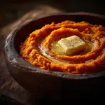 A close-up shot of an elegant sweet potato recipe being prepared. A Hasselback sweet potato is shown on a baking sheet before being roasted.