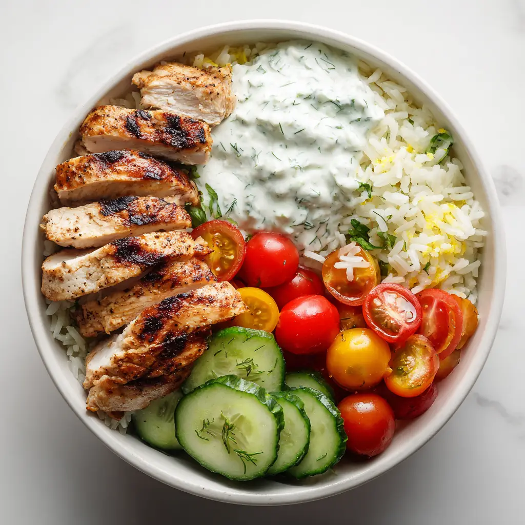 Greek Chicken Power Bowl: The Ultimate Healthy Meal Prep 2 A final, beautifully arranged Greek Chicken Power Bowl in a white bowl, ready to be eaten. The creamy tzatziki sauce is drizzled over the top.