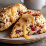 An extreme close-up of two glazed cranberry orange scones, showing the flaky texture and bits of cranberry inside.